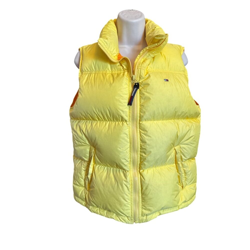 Vintage Tommy Jeans Yellow Puffer Vest Nylon Down Womens M Y2K Streetwear Logo